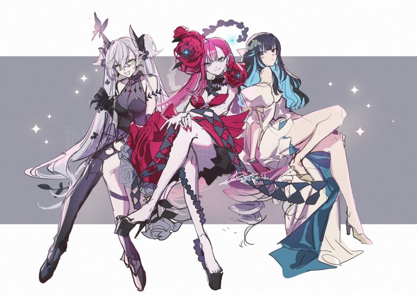 3girls, baobhan_sith_(celebratory_attire)_(fate), baobhan_sith_(fate), black_dress, black_hair, blue_hair, breasts, crossed_legs, dress, fate/grand_order, fate_(series), full_body, green_eyes, grey_eyes, high_heels, highres, lilith_(celebratory_attire)_(fate), lilith_(fate), looking_at_viewer, multicolored_hair, multiple_girls, no-kan, pink_hair, red_dress, sitting, smile, tenochtitlan_(celebratory_attire)_(fate), tenochtitlan_(fate), two-tone_hair, white_dress, white_hair