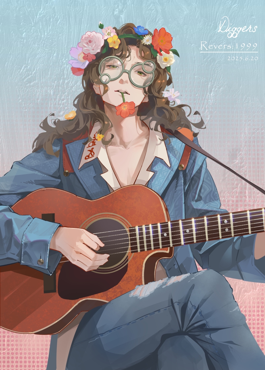 1boy, absurdres, acoustic_guitar, blue_background, blue_jacket, blue_pants, brown_hair, character_name