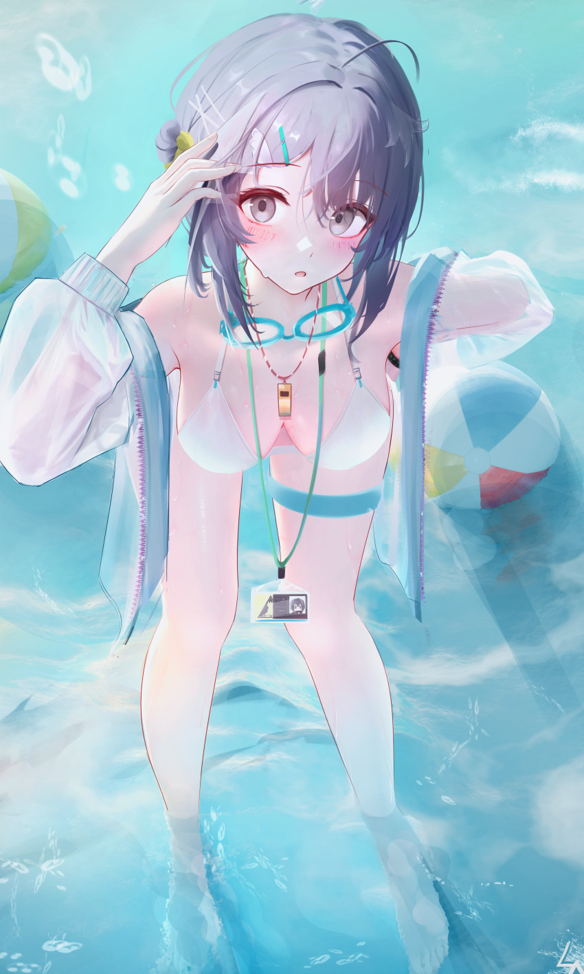 1girl, absurdres, aqua_eyes, arknights, ball, bare_shoulders, beachball, bikini