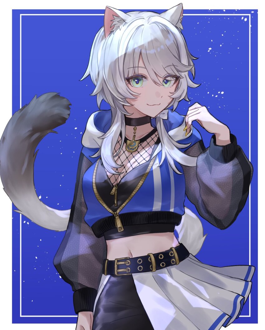 1girl, alternate_costume, animal_ear_fluff, animal_ears, belt, black_belt, black_choker, blue_background