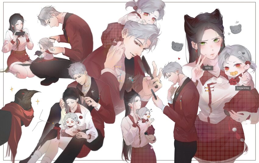 1boy, 1other, 2girls, bird, black_bird, blush, brown_hair, brushing_hair