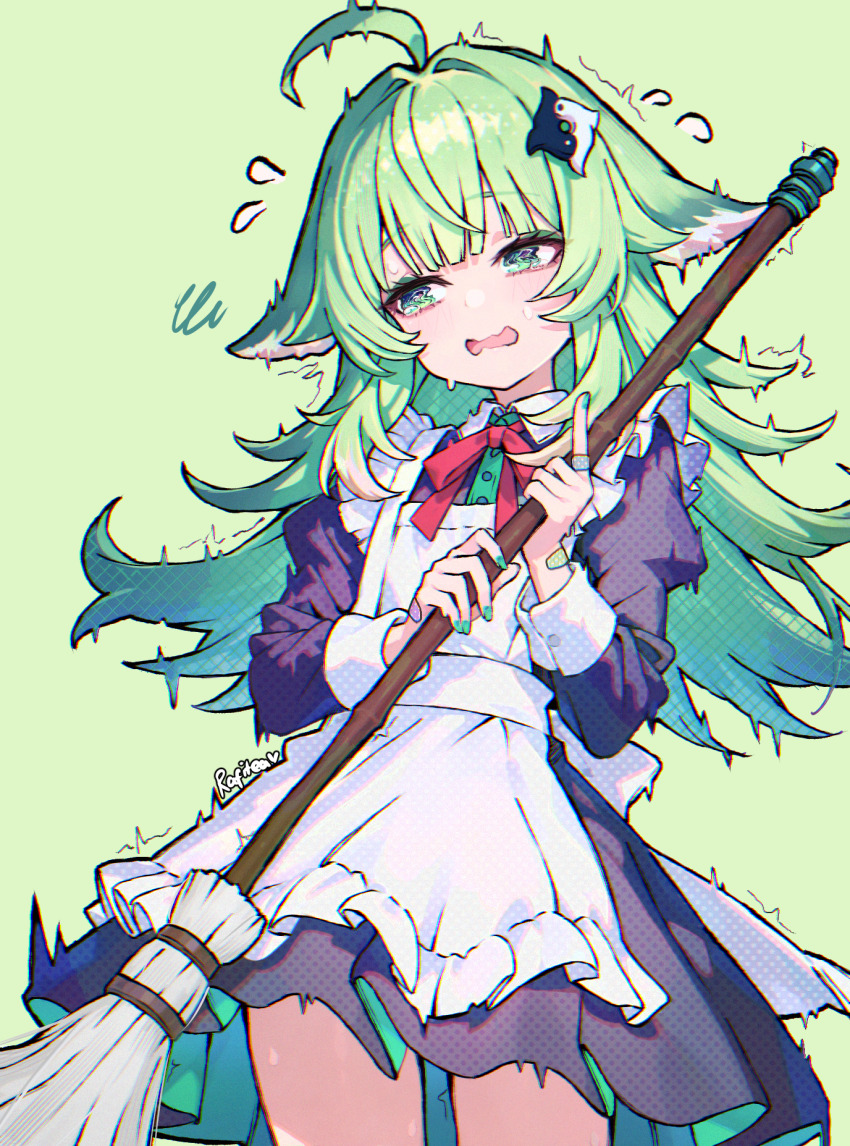 1girl, ahoge, alternate_costume, animal_ears, broom, enmaided, flying_sweatdrops, green_background