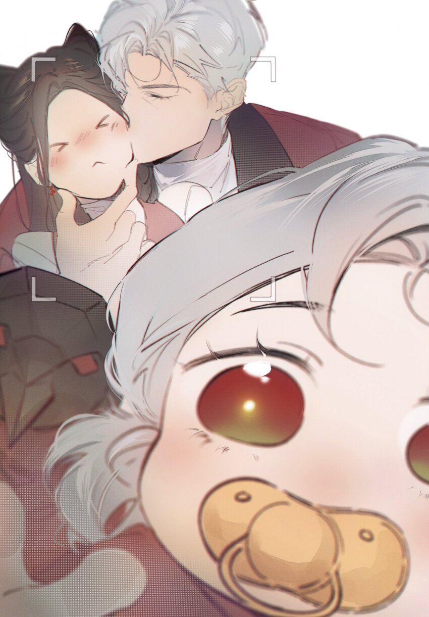 >_<, 1boy, 1other, 2girls, bird, black_bird, blush, brown_hair, child, closed_mouth, crow, grey_hair, highres, long_hair, love_and_deepspace, mephisto_(love_and_deepspace), multiple_girls, ng_ai0, pacifier, parted_bangs, protagonist_(love_and_deepspace), red_eyes, screentones, short_hair, sylus_(love_and_deepspace), viewfinder