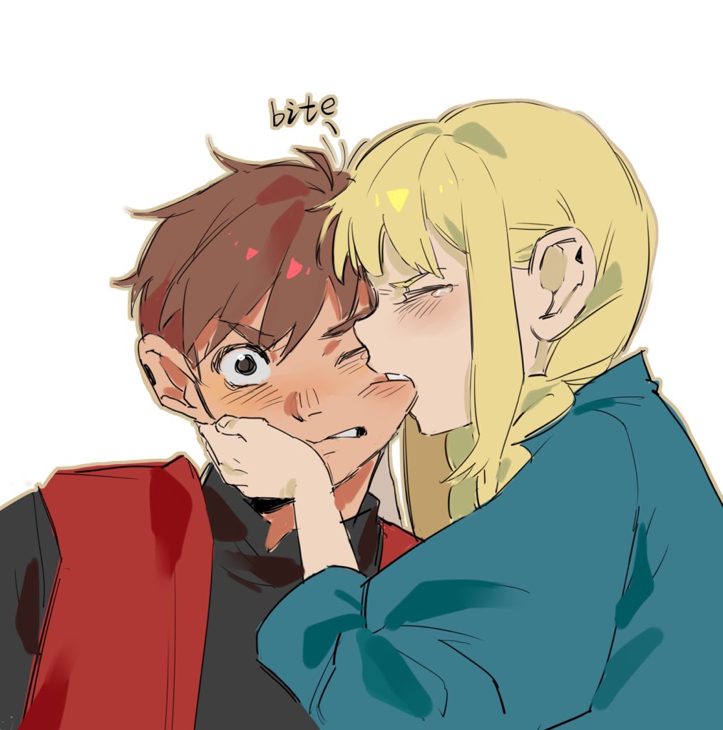 1boy, 1girl, biting, black_eyes, black_shirt, blonde_hair, blue_dress, blush