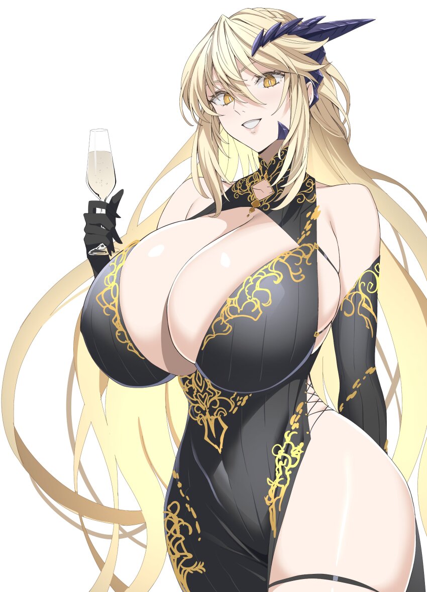 1girl, absurdres, artoria_pendragon_(celebratory_attire)_(fate), artoria_pendragon_(fate), artoria_pendragon_(lancer_alter)_(fate), bare_shoulders, black_dress, black_gloves, blonde_hair, braid, breasts, cleavage, cup, dress, drinking_glass, elbow_gloves, fate/grand_order, fate_(series), gloves, gold_trim, grin, hair_between_eyes, highres, horns, huge_breasts, kloah, long_hair, looking_at_viewer, side_slit, sidelocks, smile, thighs, yellow_eyes
