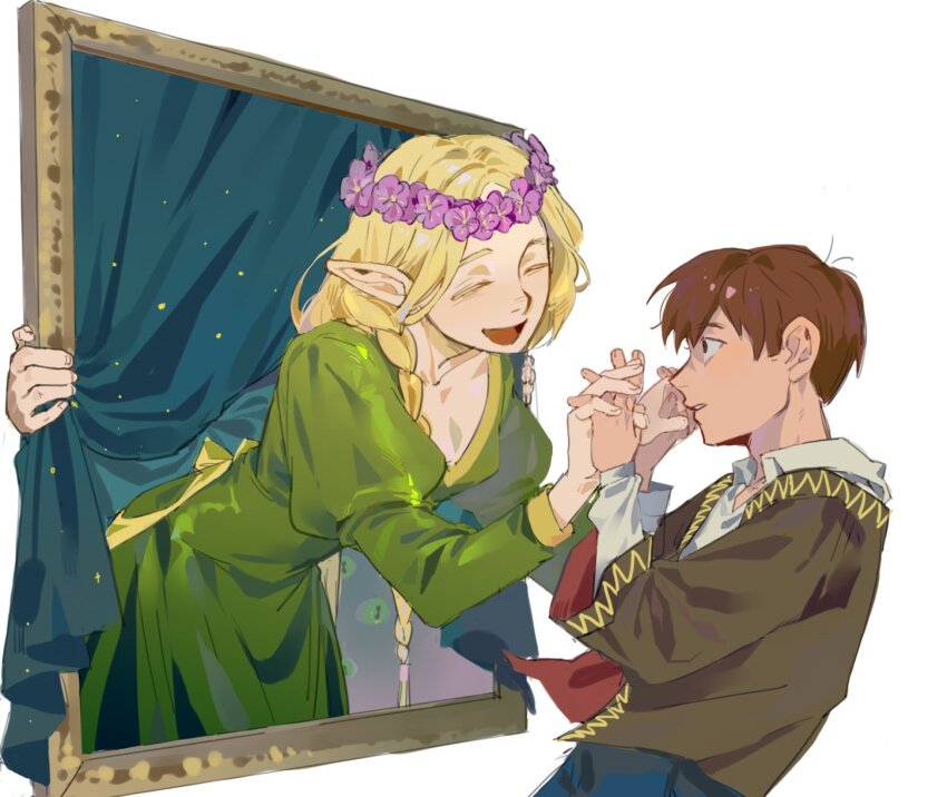 1boy, 1girl, ascot, back_bow, blonde_hair, bow, braid, brown_eyes