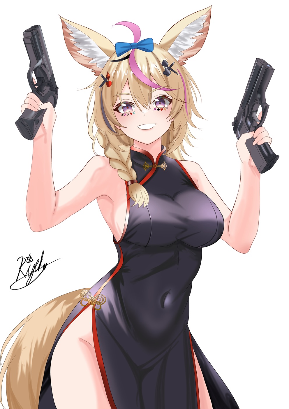 1girl, animal_ears, bare_shoulders, beretta_92, beretta_px4, black_dress, blonde_hair, breasts, club_(shape), cowboy_shot, dress, dual_wielding, fox_ears, fox_girl, fox_tail, gun, handgun, heart, highres, holding, holding_gun, holding_weapon, hololive, medium_breasts, omaru_polka, purple_eyes, rijeka1918, sideboob, signature, simple_background, solo, spade_(shape), tail, trigger_discipline, virtual_youtuber, weapon, white_background