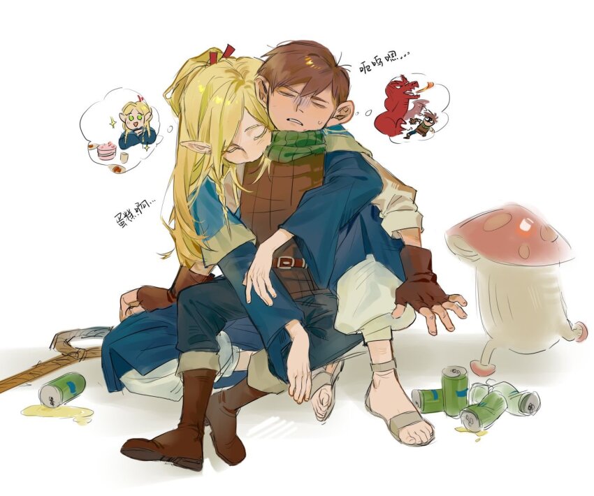 1boy, 1girl, baggy_pants, bandana, beer_can, belt, black_pants, blonde_hair