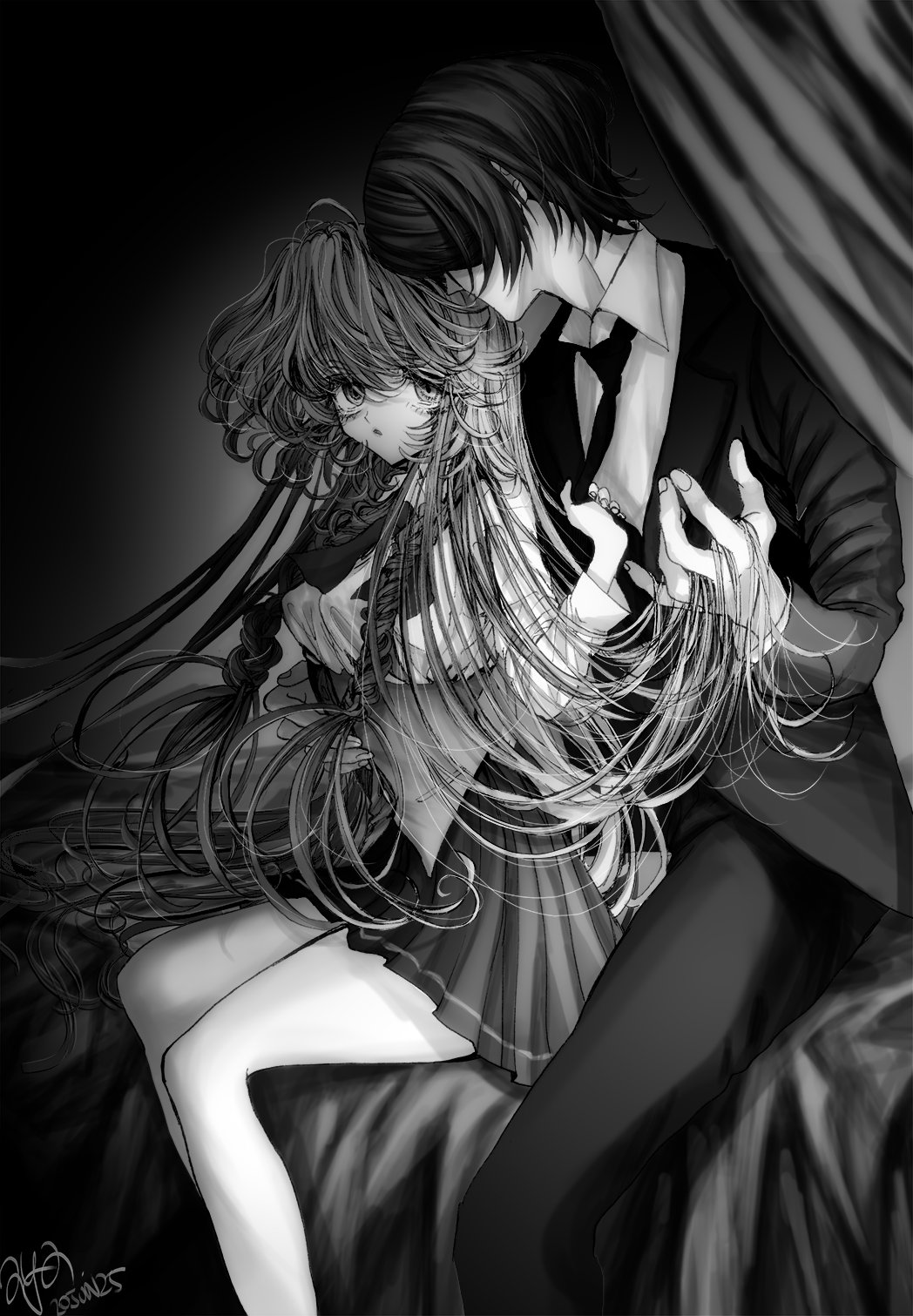 1boy, 1girl, aya_carmine, braid, commentary_request, formal_clothes, greyscale, hetero