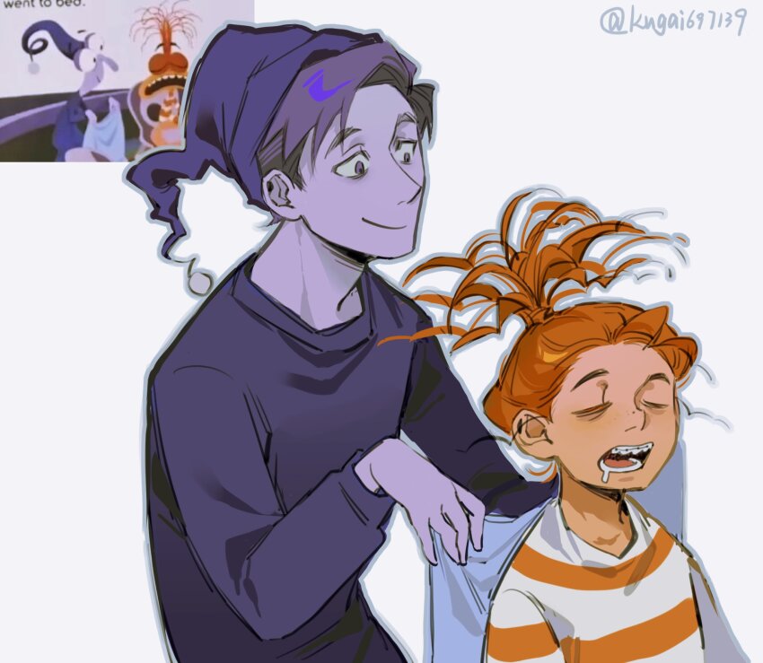 1boy, 1girl, anxiety_(inside_out_2), artist_name, blanket, closed_eyes, closed_mouth, colored_skin