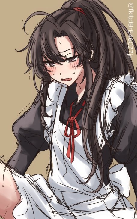 1boy, ahoge, alternate_costume, apron, black_dress, black_hair, blush, brown_background