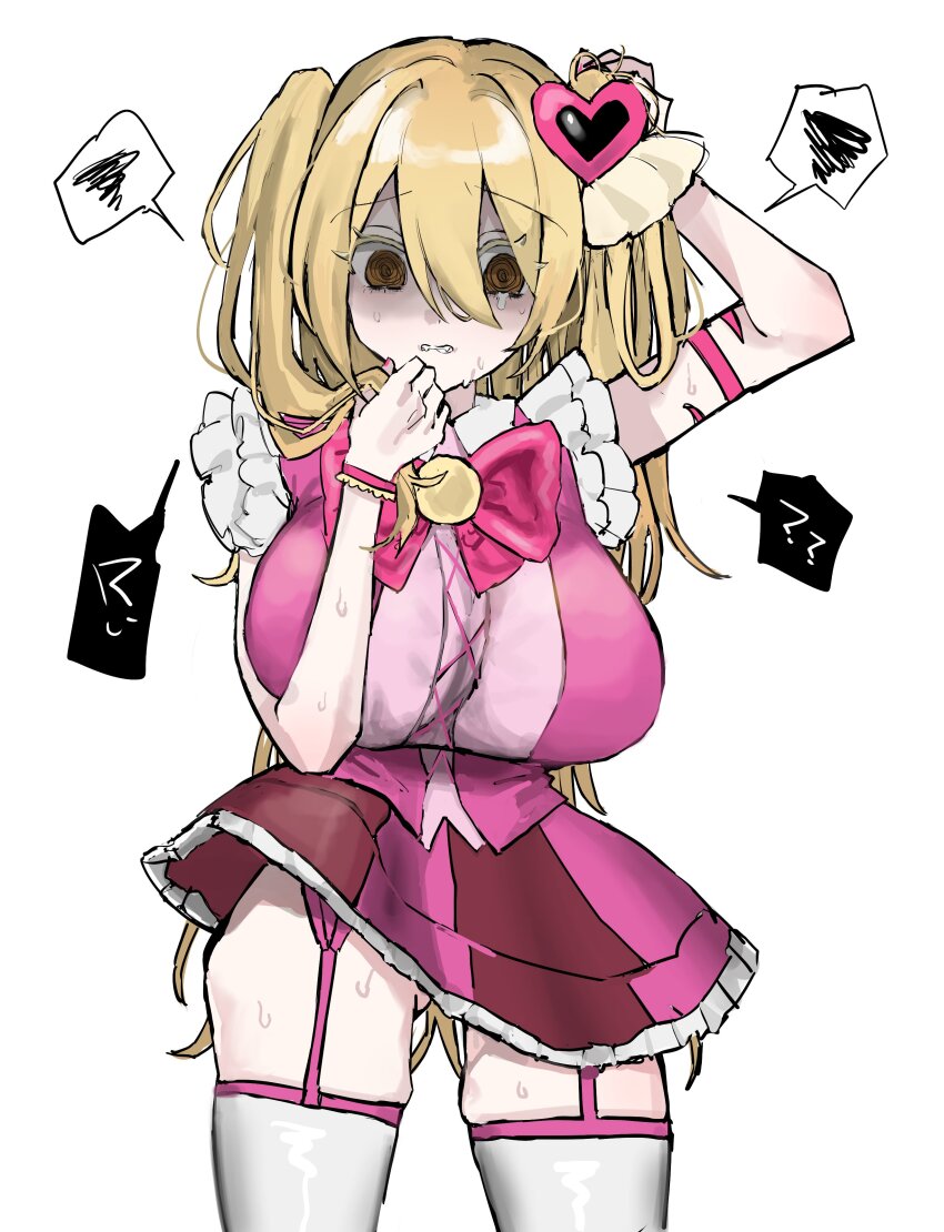 @_@, absurdres, blonde_hair, bow, bowtie, breasts, garter_straps, hair_ornament