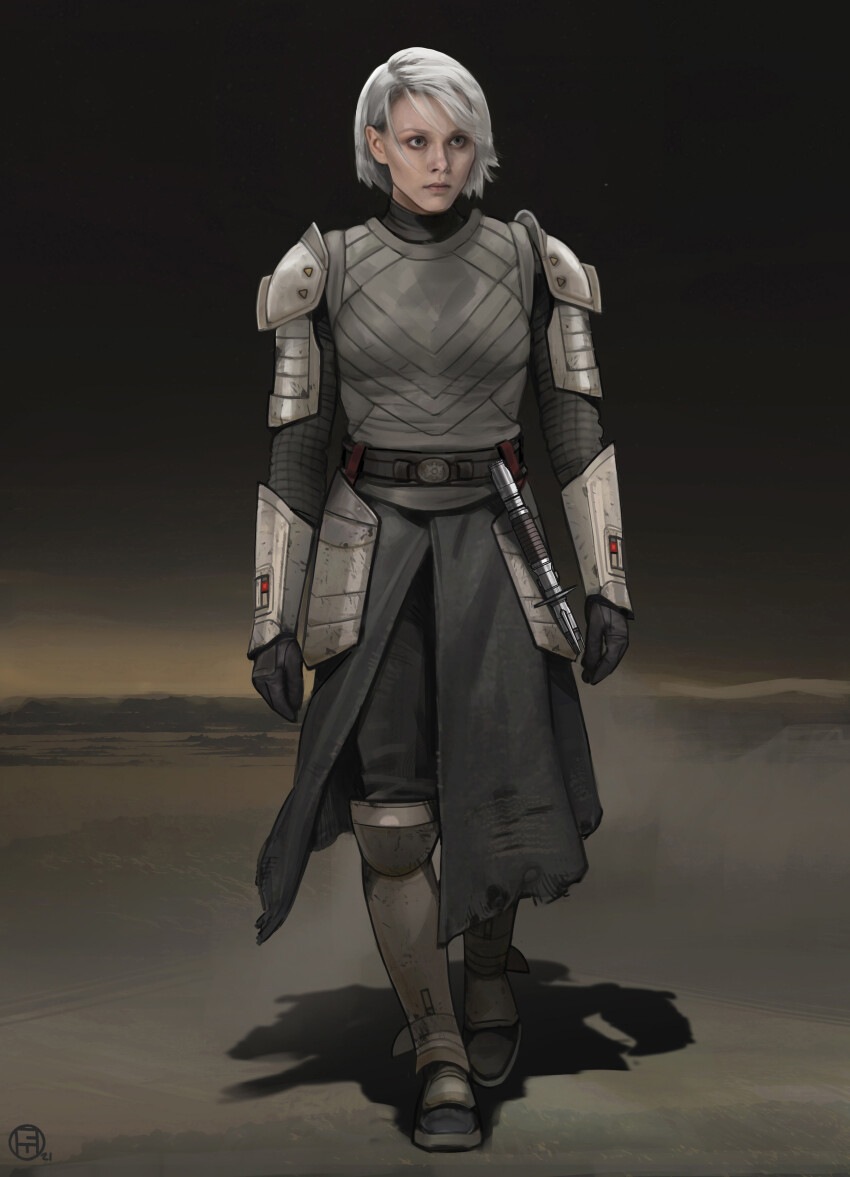 1girl, absurdres, armor, black_gloves, boots, brian_matyas, energy_sword, full_body