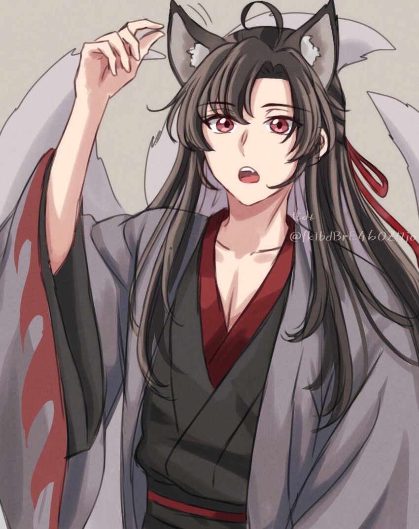 1boy, ahoge, animal_ears, bishounen, black_hair, black_hanfu, brown_hair, chinese_clothes
