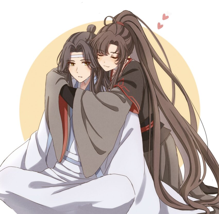 2boys, ahoge, black_hair, black_hanfu, blush, brown_hair, chinese_clothes, closed_eyes