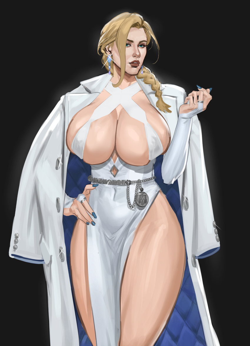 1girl, alternate_costume, black_background, blonde_hair, blue_coat, blue_eyes, blue_nails, braid, braided_ponytail, breasts, coat, coat_on_shoulders, earrings, emma_frost, grownupjizz, halterneck, highres, huge_breasts, jewelry, long_coat, long_hair, marvel, marvel_rivals, open_clothes, open_coat, pelvic_curtain, revealing_clothes, simple_background, solo, two-sided_coat, two-sided_fabric, white_coat