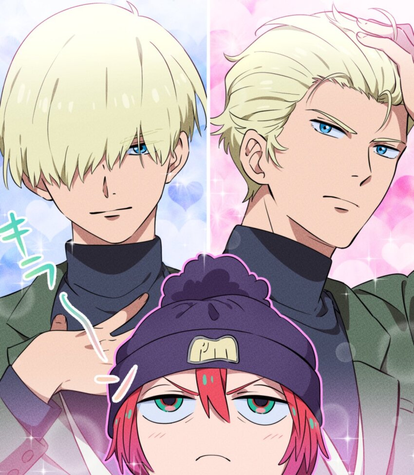 1boy, 1girl, amate_yuzuriha, aqua_eyes, beanie, bishie_sparkle, black_shirt, blonde_hair