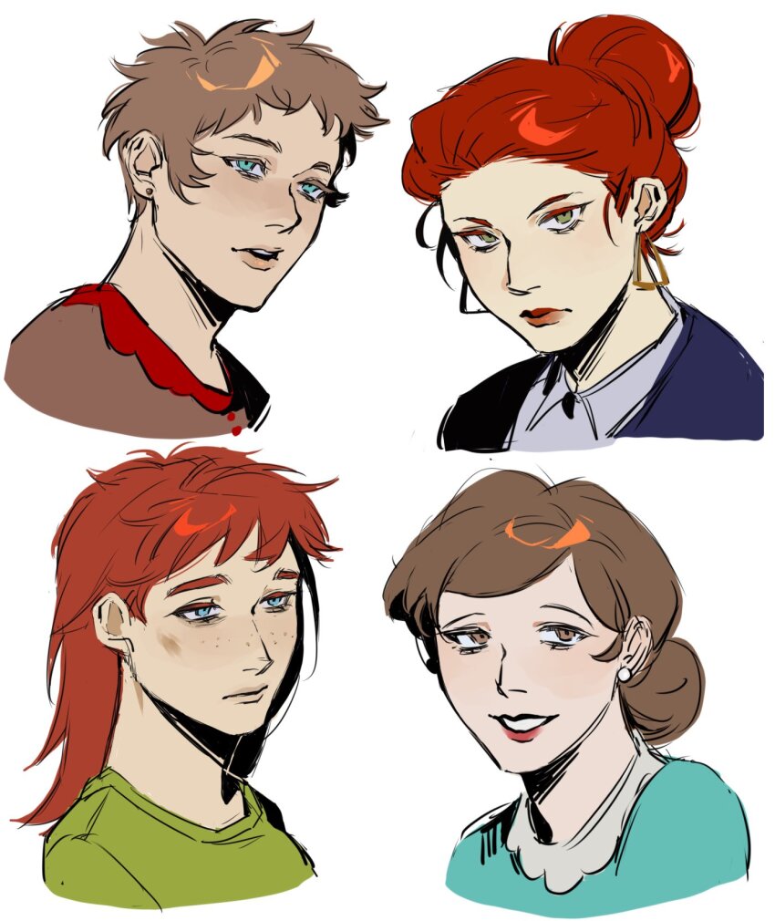 4girls, blue_eyes, blue_jacket, blue_shirt, brown_eyes, brown_hair, brown_shirt, closed_mouth