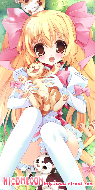 1girl, :d, blonde_hair, bow, cat, elbow_gloves, female_focus, gloves