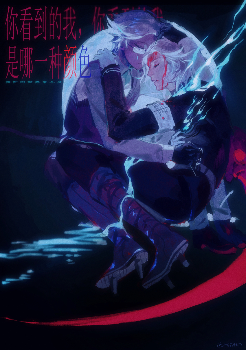 2boys, absurdres, acomem07, aotsuki_eito, armband, black_boots, black_shoes, bleeding