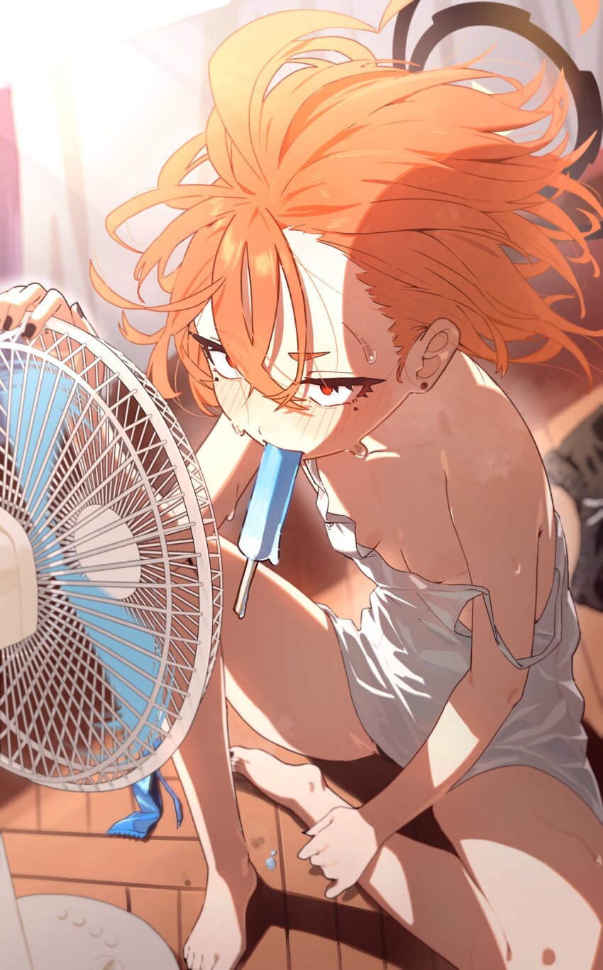 1girl, ahoge, blue_archive, blush, breasts, camisole, eyelashes, food