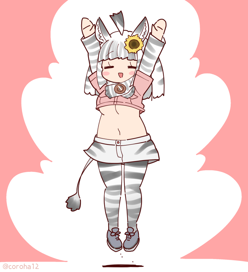 1girl, animal_ears, animal_print, arms_up, closed_eyes, coroha, extra_ears, flower