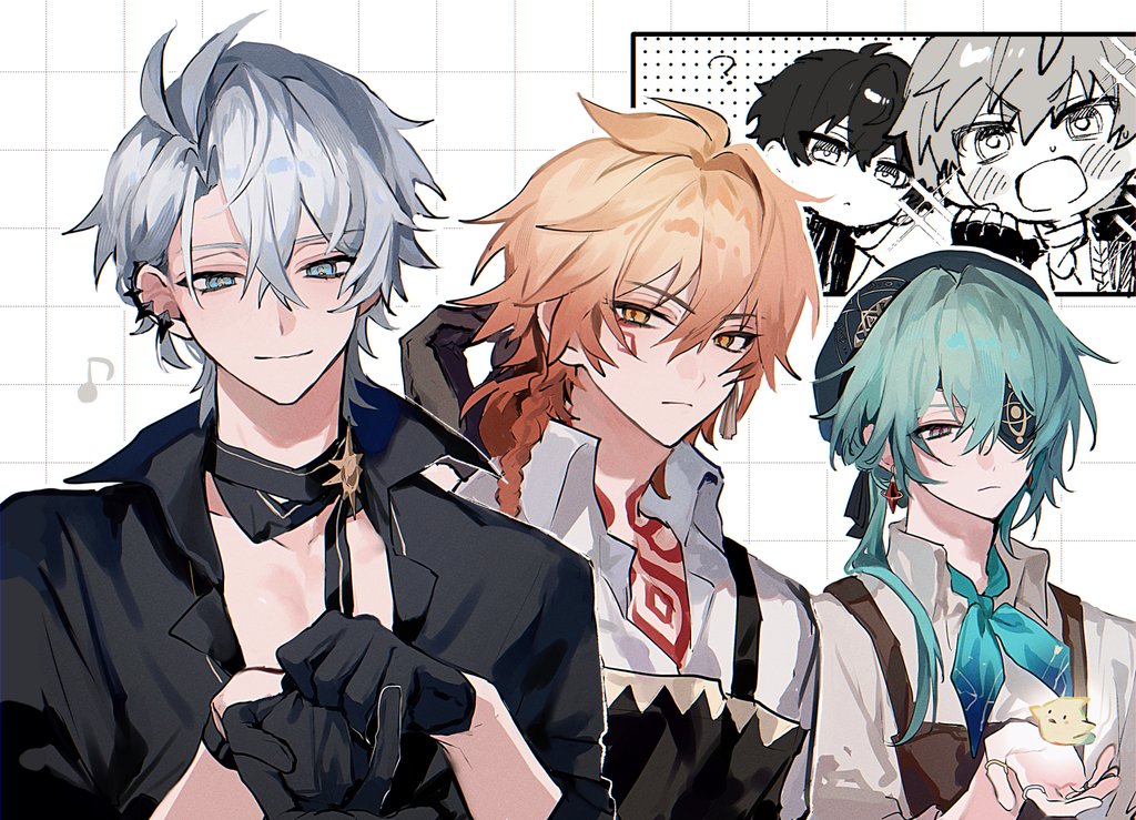 5boys, ?, adjusting_clothes, adjusting_gloves, anaxa_(honkai:_star_rail), anaxa_(ingenuity)_(honkai:_star_rail), apron, aqua_hair