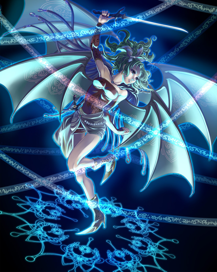 1990s_(style), 1girl, bad_id, bad_pixiv_id, bat_wings, black_eyes, detached_sleeves, dress, earrings, empty_eyes, female_focus, final_fantasy, final_fantasy_vi, green_hair, hair_ribbon, highres, jewelry, kimu_(honki12040129), leg_up, long_hair, nail_polish, nuruhachi_(honki), retro_artstyle, ribbon, solo, standing, standing_on_one_leg, strapless, strapless_dress, sword, tina_branford, weapon, wings