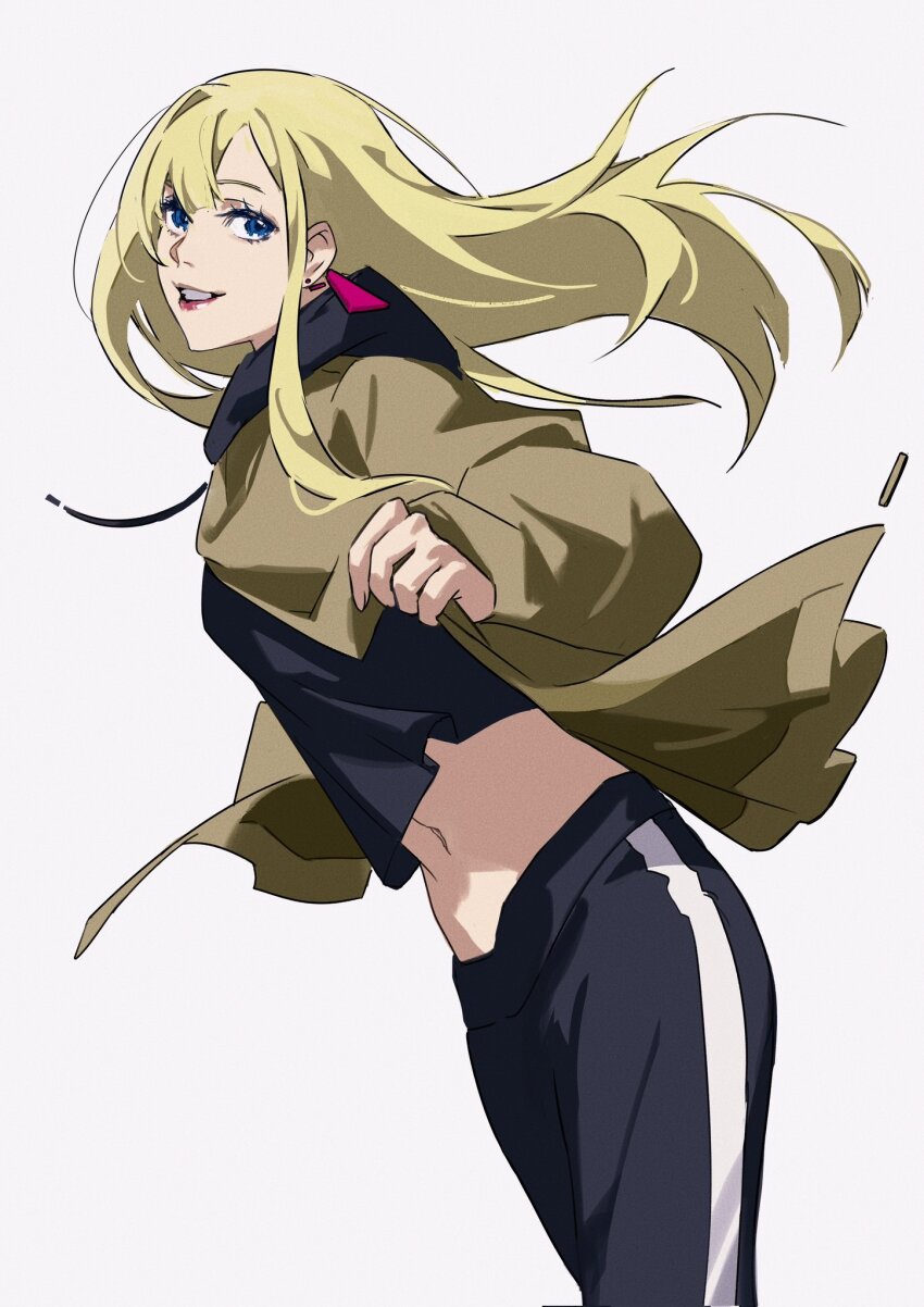 1girl, blonde_hair, blue_eyes, cowboy_shot, crop_top, earrings, erhuazi917, floating_hair, gigi_andalusia, gundam, gundam:_hathaway's_flash, highres, jacket, jewelry, long_hair, looking_at_viewer, midriff, open_mouth, pants, shirt, smile, solo, triangle_earrings