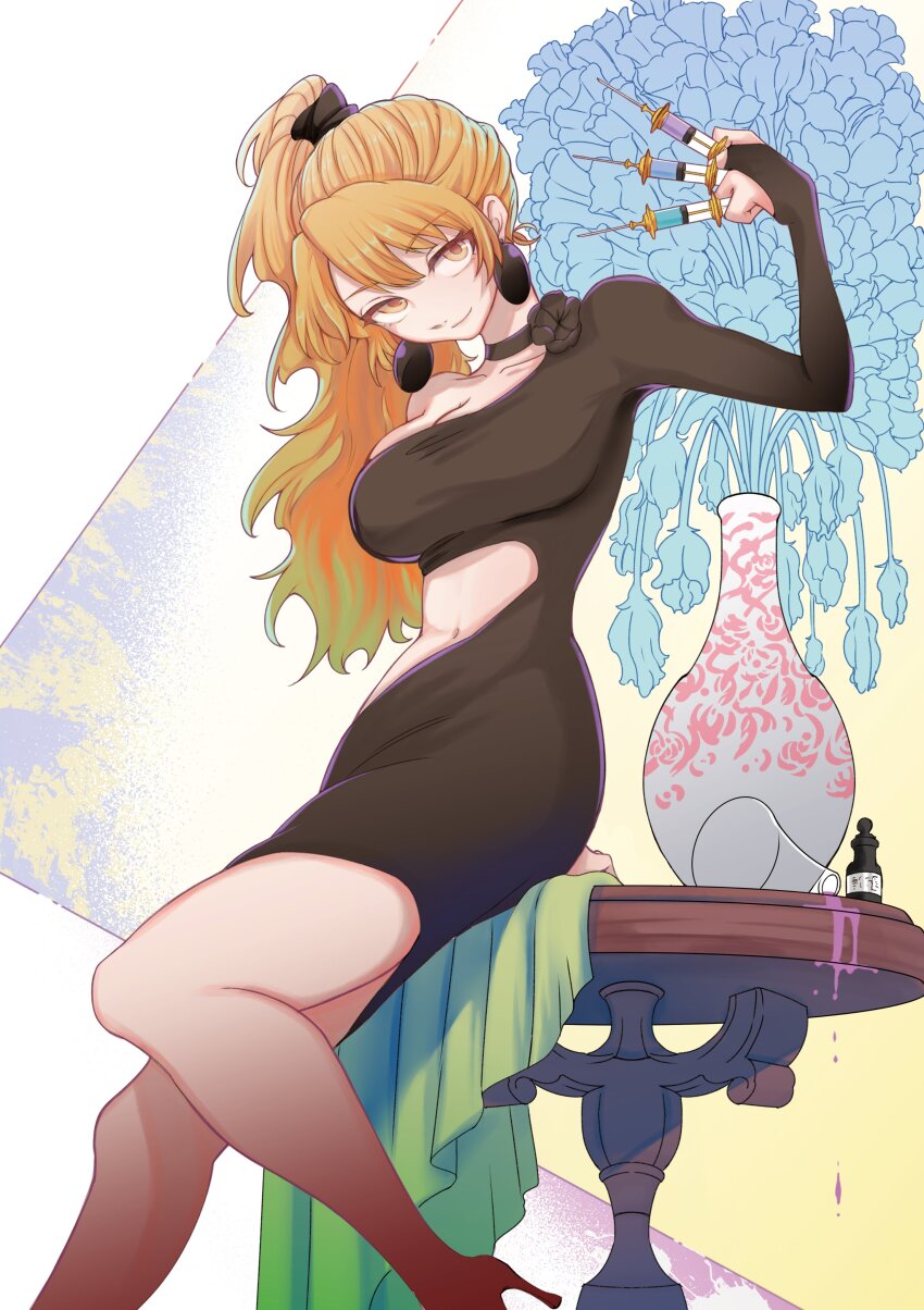 1girl, absurdres, bare_legs, black_choker, black_dress, breasts, chapter_cover, choker