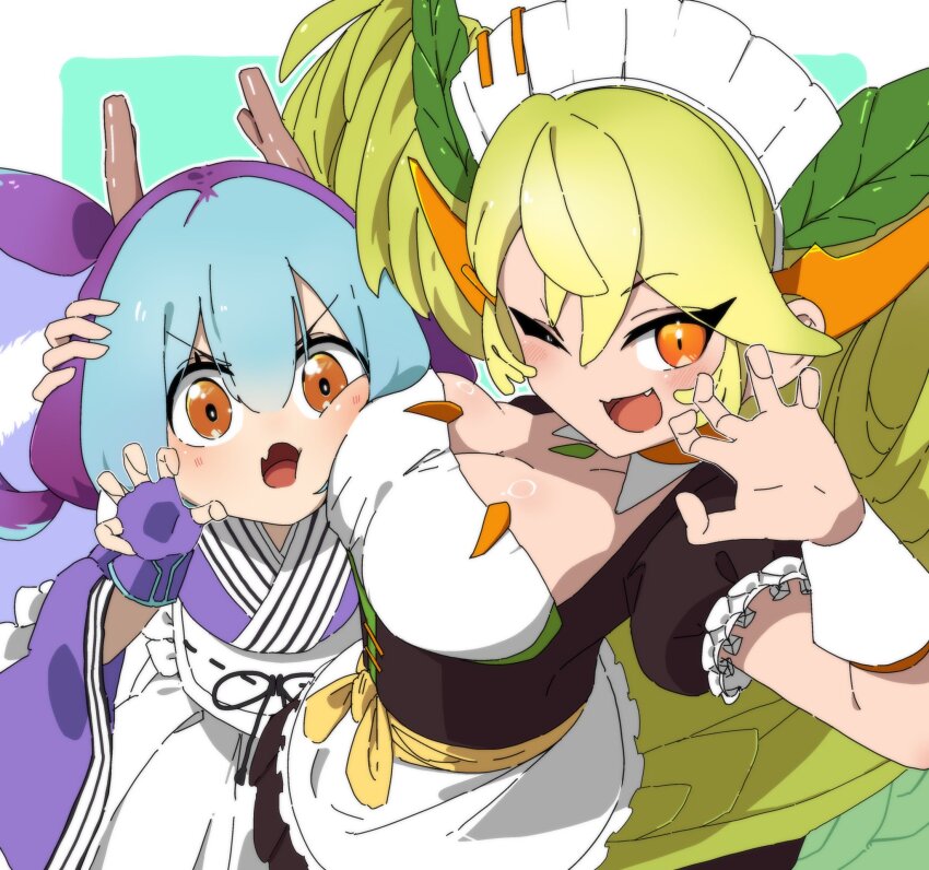 2girls, black_dress, blue_gloves, blue_hair, blue_kimono, blue_tail, breasts, brown_eyes