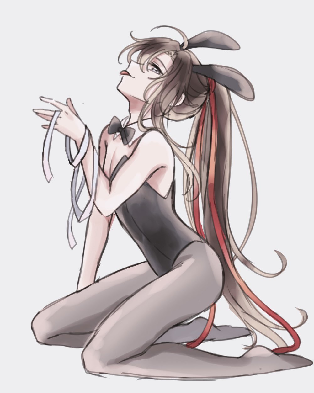 1boy, ahoge, alternate_costume, androgynous, animal_ears, black_bow, black_bowtie, black_hair, black_leotard, bow, bowtie, brown_hair, crossdressing, crossdressing_(mtf), detached_collar, fake_animal_ears, full_body, grey_eyes, grey_pantyhose, hair_ribbon, highres, holding, holding_ribbon, implied_yaoi, kneeling, leotard, long_hair, looking_at_viewer, male_focus, male_playboy_bunny, modao_zushi, pantyhose, pectoral_cleavage, pectorals, playboy_bunny, ponytail, profile, rabbit_ears, red_ribbon, ribbon, semiusa1010, sidelocks, simple_background, smile, solo, tongue, tongue_out, trap, very_long_hair, wei_wuxian, white_background, white_ribbon