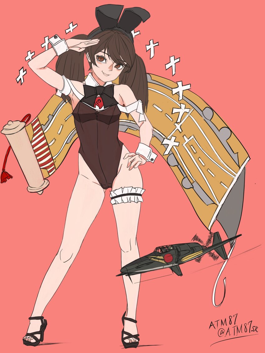 1girl, absurdres, aircraft, airplane, alternate_costume, animal_ear_hairband, animal_ears, atm87