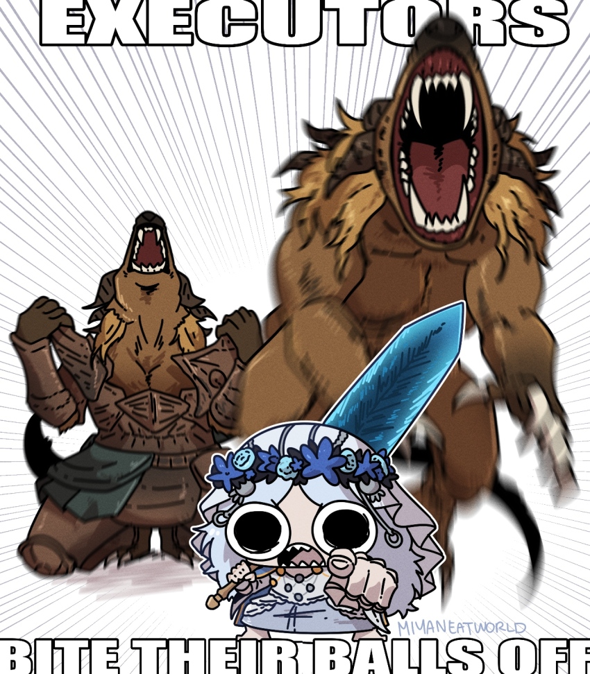 1girl, 2boys, armor, chibi, d:, doll_joints, elden_ring, elden_ring_nightreign, english_text, executor_(elden_ring), head_wreath, highres, holding, holding_sword, holding_weapon, impact_(font), joints, meme, miyan_(oceanmaiden), multiple_boys, open_mouth, over_shoulder, pointing, pointing_at_viewer, removing_armor, revenant_(elden_ring), squiggle_eyes, sword, transformation, veil, weapon, weapon_over_shoulder, werewolf_ripping_shirt_(meme)