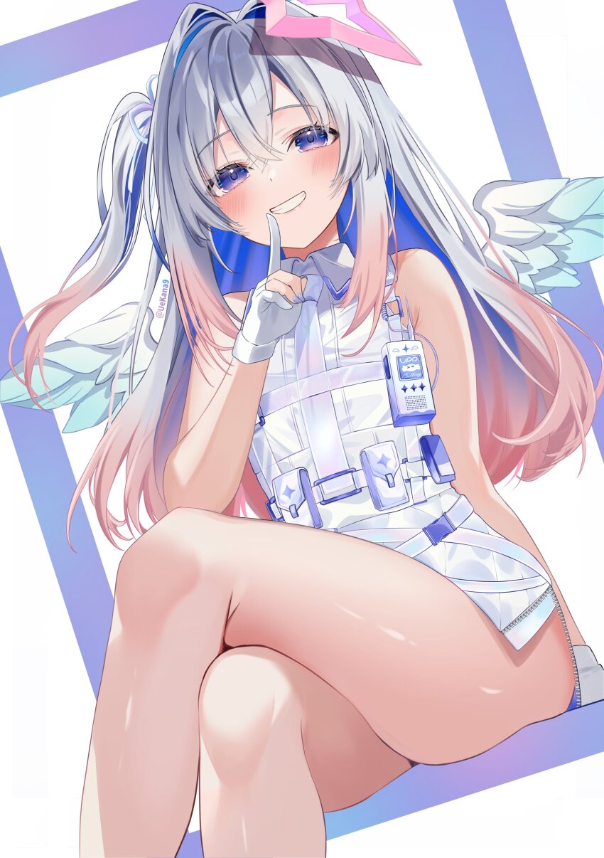 1girl, :d, absurdres, amane_kanata, amane_kanata_(heavenly_guard_mission), angel_wings, bare_arms, belt_pouch, blue_hair, blue_wings, chest_harness, collared_dress, colored_inner_hair, commentary_request, crossed_bangs, crossed_legs, double-parted_bangs, dress, feathered_wings, gloves, gradient_hair, gradient_wings, grey_hair, grin, halo, hand_up, harness, highres, hololive, index_finger_raised, long_hair, looking_at_viewer, mini_wings, multicolored_hair, multicolored_wings, necktie, official_alternate_costume, official_alternate_hairstyle, one_side_up, open_mouth, partially_fingerless_gloves, pink_hair, pouch, purple_eyes, short_dress, side_slit, sidelocks, sitting, sleeveless, sleeveless_dress, smile, solo, star_halo, streaked_hair, uekana9, virtual_youtuber, walkie-talkie, white_dress, white_gloves, white_necktie, white_wings, wings