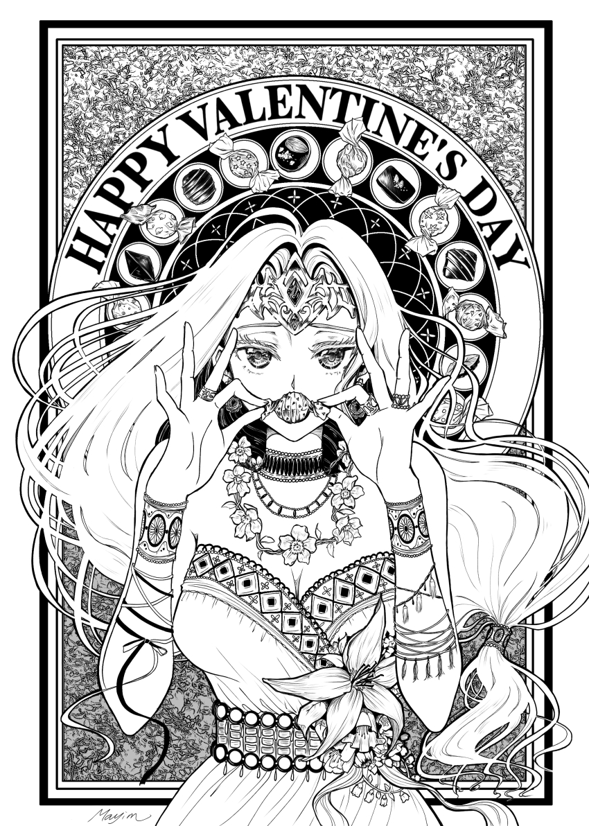 1girl, absurdres, alternate_costume, artist_name, border, bracelet, breasts, candy