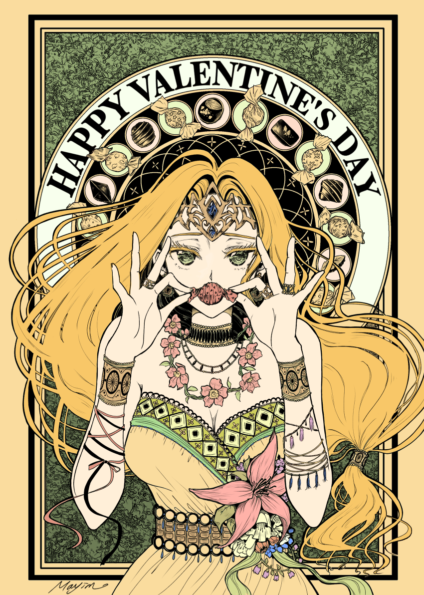 1girl, absurdres, alternate_costume, artist_name, blonde_hair, blue_flower, blue_gem, border