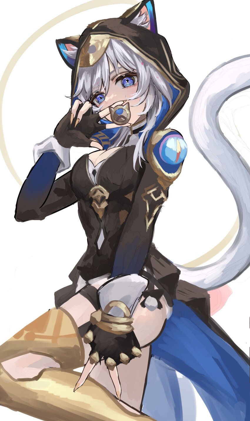 1girl, absurdres, animal_ear_fluff, animal_ears, animal_hood, belt, black_gloves, blue_eyes