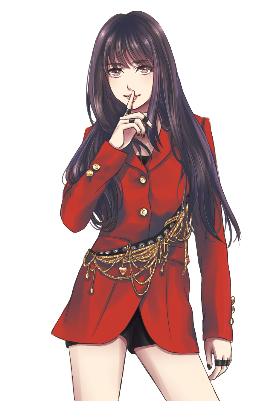 1girl, black_hair, black_nails, black_shorts, blunt_bangs, brown_eyes, chinese_commentary, commentary_request, cowboy_shot, f(x), finger_to_mouth, highres, jacket, jewelry, k-pop, krystal_(f(x)), long_hair, mixed-language_commentary, real_life, red_jacket, red_lips, ring, shorts, shushing, simple_background, solo, wahanicole, white_background