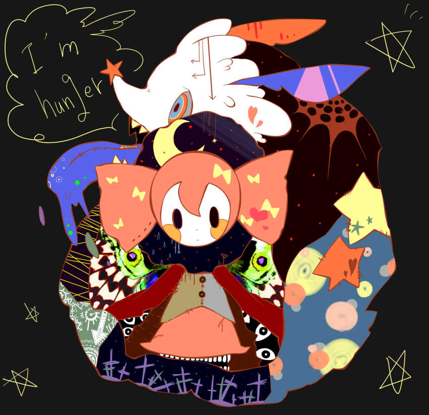 10s, 1girl, abstract, arrow_(symbol), black_background, black_eyes, blue_eyes, bow