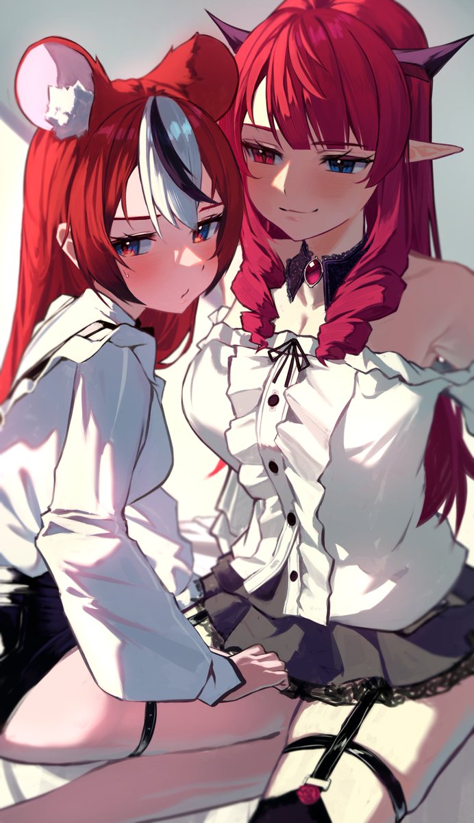 2girls, animal_ears, bare_shoulders, black_hair, black_horns, black_skirt, blue_eyes, blush