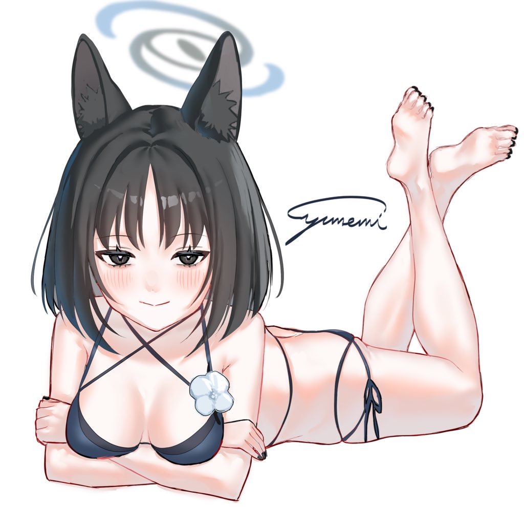 1girl, animal_ears, barefoot, black_eyes, black_hair, black_nails, blue_archive, blush, breasts, cat_ears, cat_girl, cat_tail, cleavage, closed_mouth, crossed_arms, halo, kikyou_(blue_archive), kikyou_(swimsuit)_(blue_archive), looking_at_another, lying, multiple_tails, nail_polish, official_alternate_costume, on_stomach, parted_bangs, smile, solo, tail, the_pose, toenail_polish, toenails, two_tails, yukime_(yurumerutu)