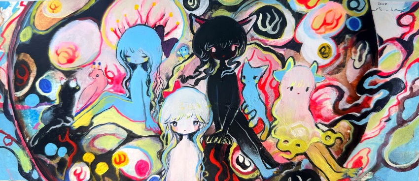 4girls, abstract_background, absurdres, animal, animal_ears, black_hair, black_skin, blue_hair