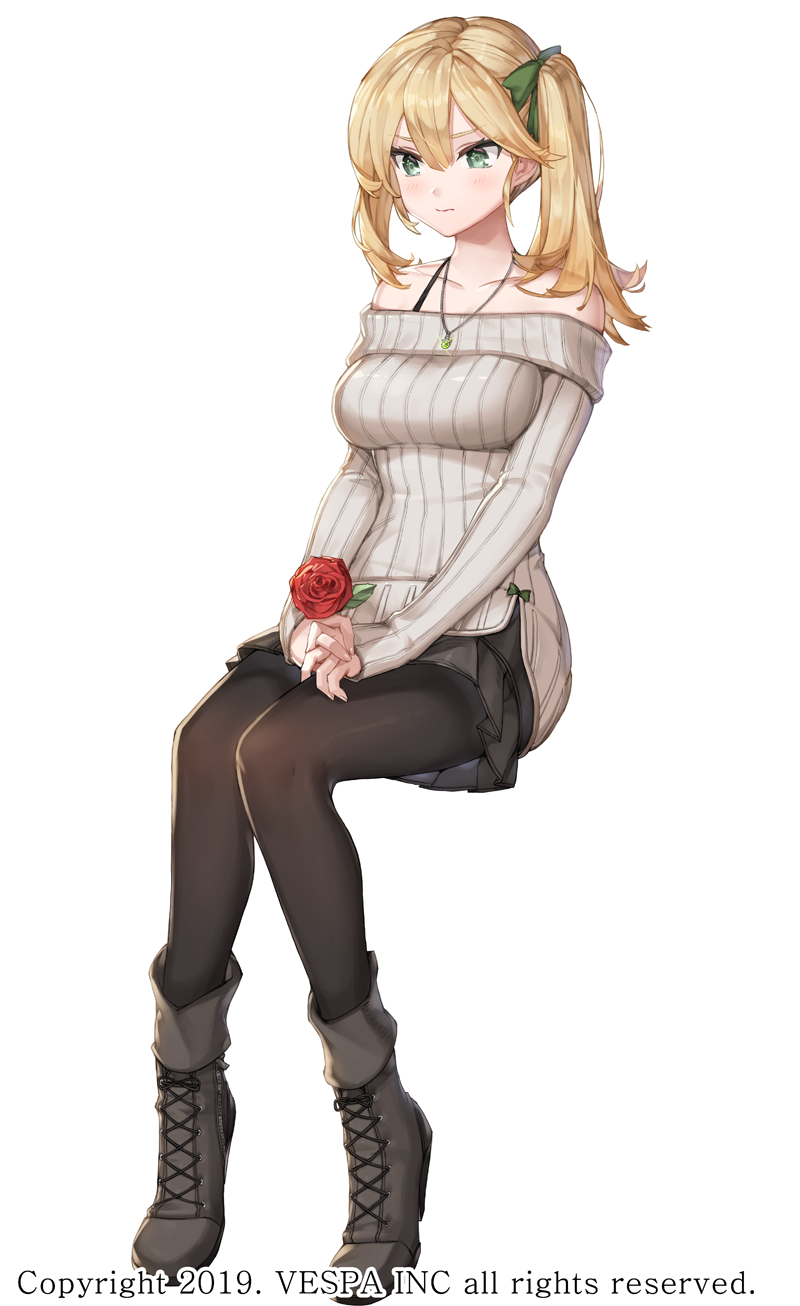1girl, black_pantyhose, black_skirt, blonde_hair, blush, breasts, brown_shoes, brown_sweater