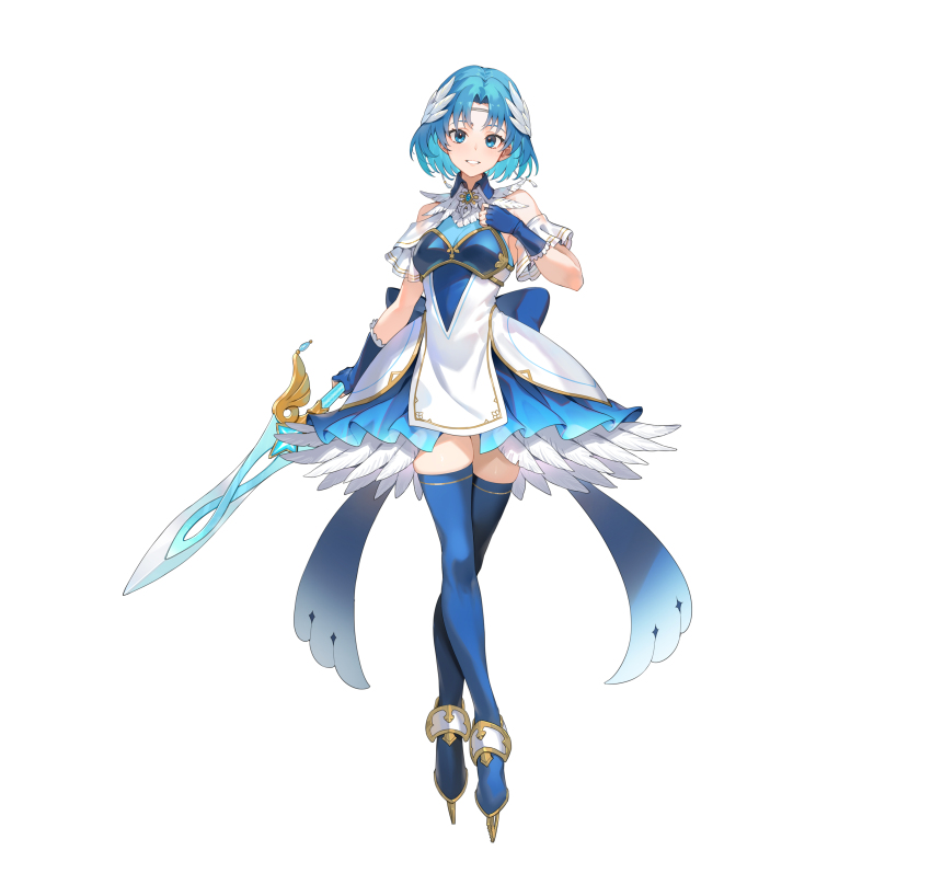 1girl, absurdres, armor, blue_boots, blue_dress, blue_eyes, blue_gloves, blue_hair, boots, breastplate, breasts, circlet, commentary_request, detached_sleeves, dress, fingerless_gloves, fire_emblem, fire_emblem:_the_binding_blade, fire_emblem_heroes, full_body, gloves, gold_trim, hand_up, head_wings, highres, holding, holding_sword, holding_weapon, ice_skates, kakage, layered_dress, looking_at_viewer, medium_breasts, nintendo, official_alternate_costume, official_art, parted_bangs, second-party_source, short_hair, simple_background, skates, smile, solo, standing, sword, thea_(fire_emblem), thea_(ice_tribe)_(fire_emblem), thigh_boots, weapon, white_background, white_wings, wings
