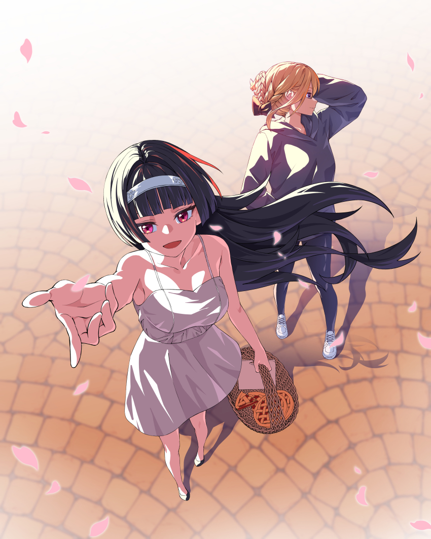 2girls, absurdres, astra_yao, basket, black_hair, blonde_hair, blunt_bangs, breasts