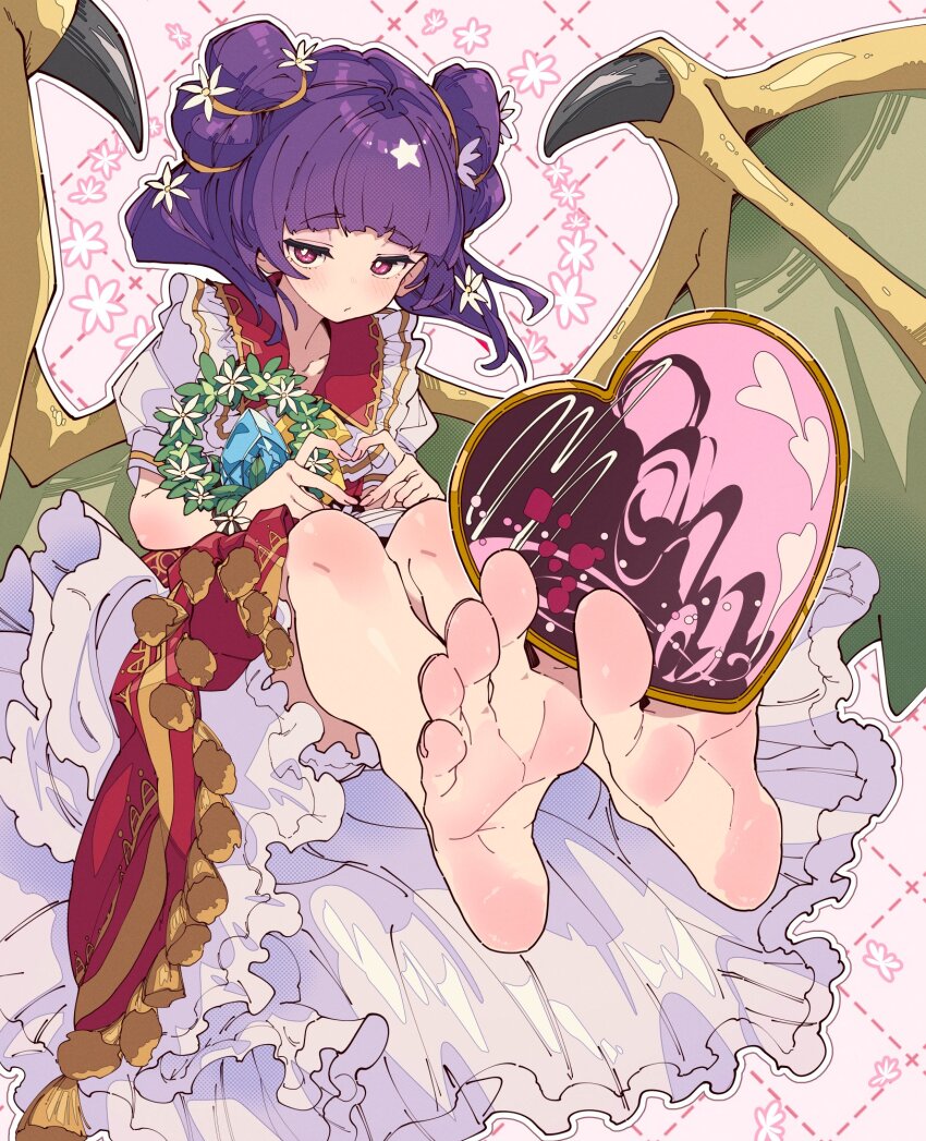 1girl, barefoot, blunt_bangs, blush, candy, chocolate, chocolate_heart, closed_mouth, dragon_girl, dragon_wings, dragonstone, dress, falling_petals, feet, fire_emblem, fire_emblem:_the_sacred_stones, fire_emblem_heroes, flower, food, foot_focus, four-finger_heart_hands, hair_flower, hair_ornament, heart, heart-shaped_food, heart_hands, highres, holding, holding_food, holding_with_feet, layered_dress, looking_at_viewer, myrrh_(fire_emblem), myrrh_(valentine)_(fire_emblem), nintendo, official_alternate_costume, petals, presenting_foot, puffy_short_sleeves, puffy_sleeves, purple_hair, red_dress, red_eyes, short_sleeves, sitting, skirt, skirt_tug, smile, solo, toes, twintails, ushiki_yoshitaka, valentine, white_background, white_dress, wings