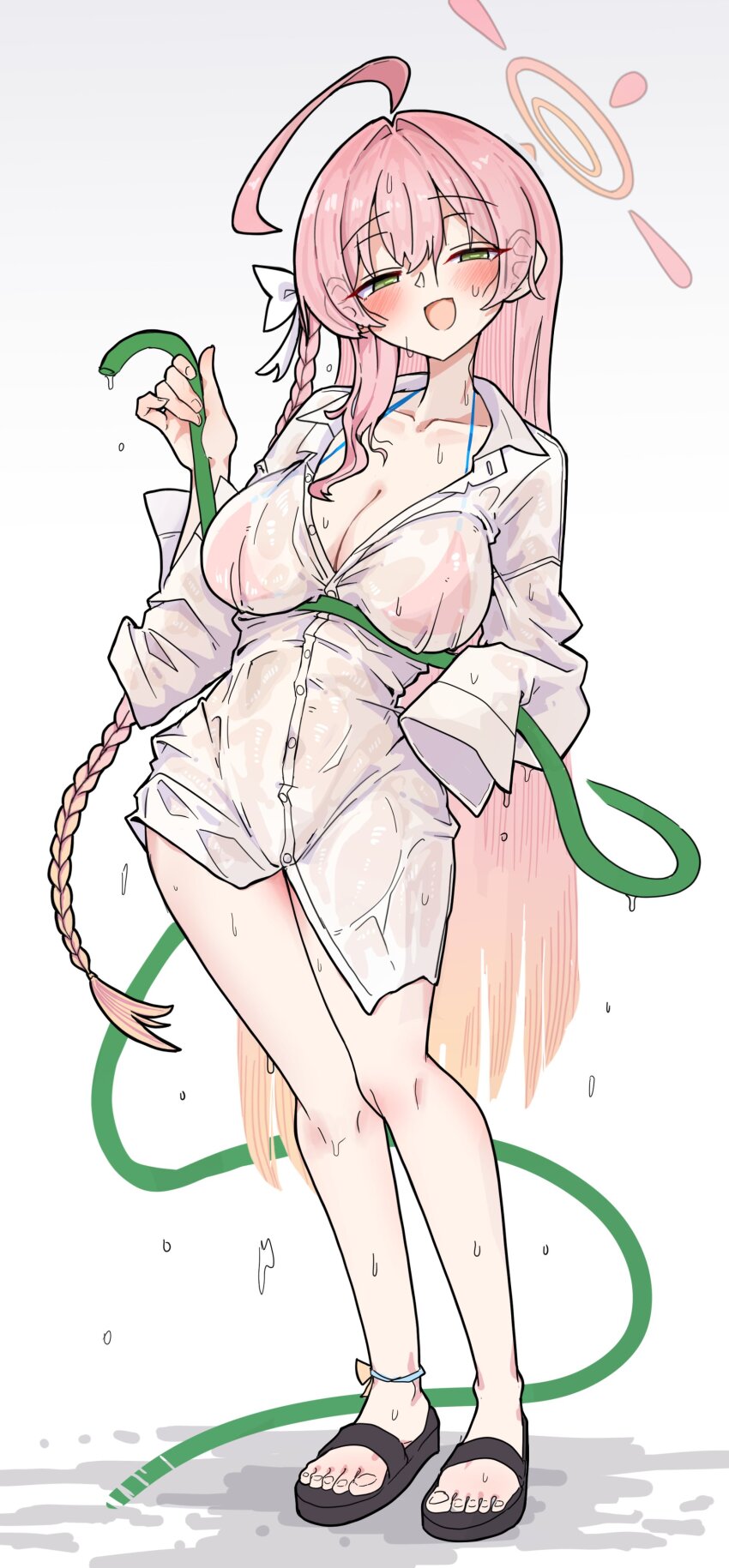 1girl, :d, absurdres, ahoge, bikini, black_sandals, blonde_hair, blue_archive