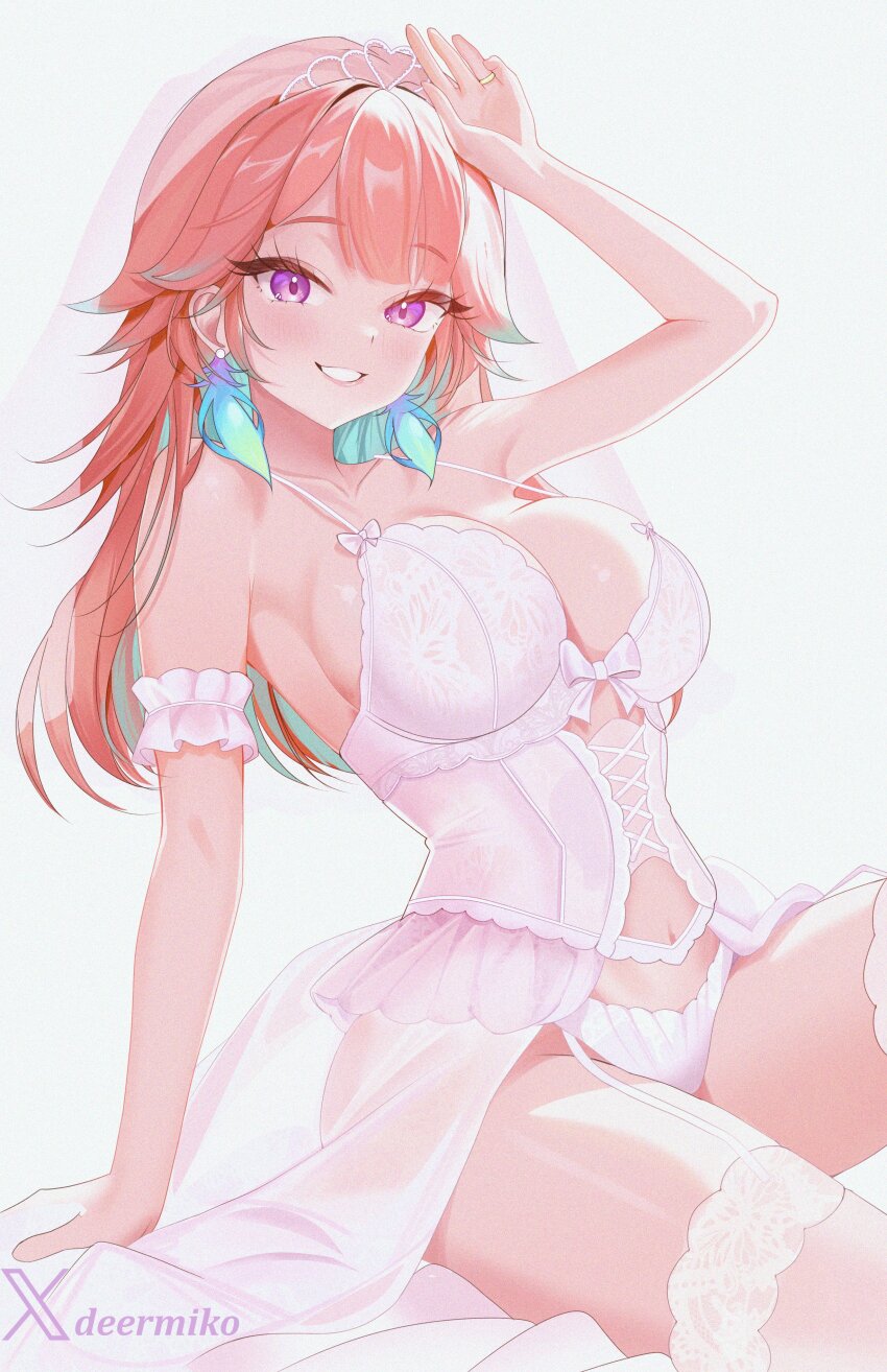 1girl, absurdres, arm_up, armpits, blush, bra, breasts, bridal_veil