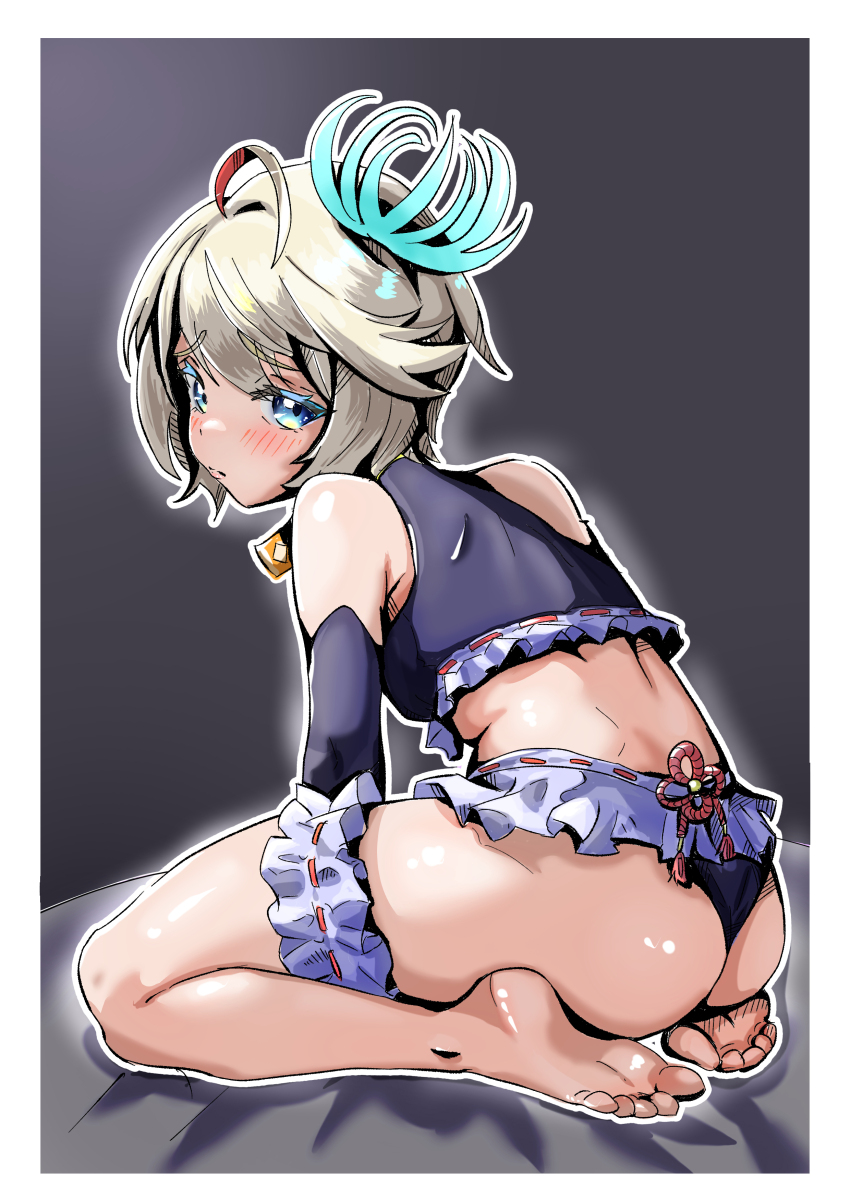 1girl, absurdres, barefoot, blonde_hair, blue_eyes, blush, chappu_(chapillust), feet, highres, looking_at_viewer, medium_hair, monster_strike, sanzu_(monster_strike), soles, toes